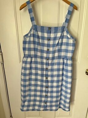 J Crew Dress Women’s 16 Blue White Gingham Cotton Linen Coastal Button Up Lined